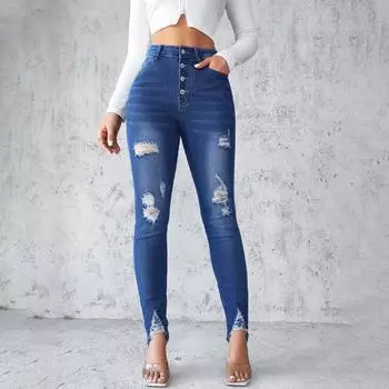 Весенняя коллекция 2024 года, облегающие синие брюки с короткими штанинами, узкие брюки, европейские и американские узкие джинсы с высокой талией для женщин S синий