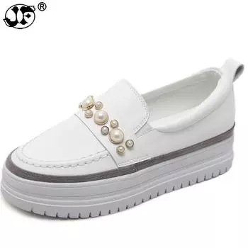 2024 Spring Fashion Women Flat Platform Leather Shoes Woman String Bead Casual Slip on Round Toe Shallow Shoes for Lady Quality4 4 белый