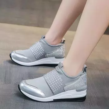 2024 spring Korean version of slope heel rhinestone one-pedal casual single shoes women s large size round head sports platform dad shoes 36 чёрный