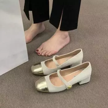 2024 Spring Mary Jane Shoes 2024 Women Round Toe Shallow Flat Shoes Ladies Elegant Outdoor Single Leather Shoes Low Thick Heel 35 бежевый