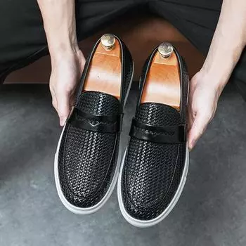 2024 Spring Men Casual Shoes Vulcanized Walking Sneakers Leather Shoes Comfort Mens Slip-on Breathable Party Weave Pattern Shoes 39 чёрный