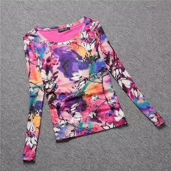 2024 Spring New Arrival Plus Size Silm Mesh Bottoming Shirt round Neck Long Sleeves T-Shirt Silm Slim Looking Print Tops Rose Red(Double-layer mesh) M