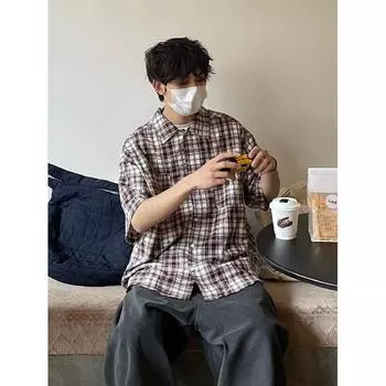 2024 Spring New Checkered Shirt Men S Long Sleeve American Retro Trendy Brand Pique Handsome Loose Shirt Coat M синий