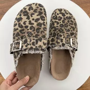 2024 Spring New Classic Women s Closed Toe Cork Sandals Slippers Ladies Leopard Cork Slippers Camo Mule Clogs Shoes Flats 36 леопардовый