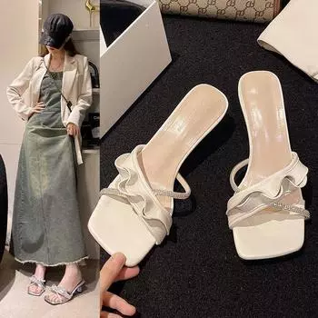 2024 spring new fairy stiletto slippers wear ruffle edge rhinestone one-word high heels fashion women s shoes 35 бежевый