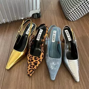2024 Spring New Female Fashion Temperament European and American Denim Leopard Print Women Stiletto Heels 35