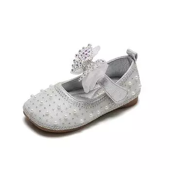 2024 Spring New Girls PU Sandals Baby Princess Rhinestone Bow Kids Fashion Performance Shoes Children Soft Flat Cute Solid Shoes 21 розовый