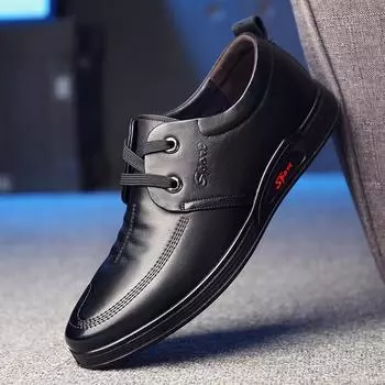 2024 spring new leather casual fashion men s shoes wear-resistant versatile British soft sole non-slip breathable dad shoes 37 чёрный
