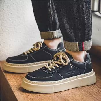 2024 spring new men s leather skateboard shoes low-top platform student niche shoes live sports versatile men s shoes 39 чёрный