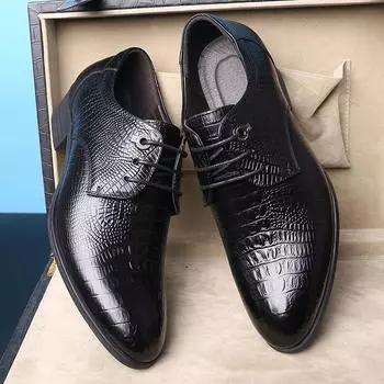 2024 Spring New Men s Toe Layer Leather Crocodile Pattern Business Shoes Pointed Toe Lace Men s Genuine Leather Shoes Men 38 коричневый