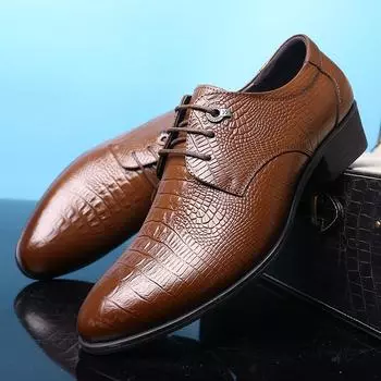 2024 Spring New Men s Toe Layer Leather Crocodile Pattern Business Shoes Pointed Toe Lace Men s Genuine Leather Shoes Men 38 коричневый