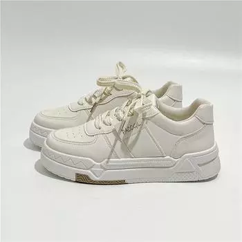 2024 spring new muffin thick-soled leather board shoes women s leisure sports round head single shoes simple white shoes women 35 бежевый