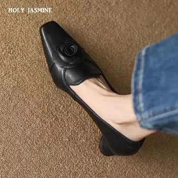 Весна 2024 года, новые туфли из натуральной кожи с квадратным носком, женские туфли смешанных цветов, туфли-лодочки на толстом высоком каблуке с цветочным принтом 34 чёрный