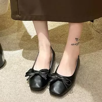 2024 Spring New Square Toed Fashion Flat Shoes Female Square Toed Shallow Bow Shoes for Women Casual Low Heels Ballet Shoes 35 чёрный