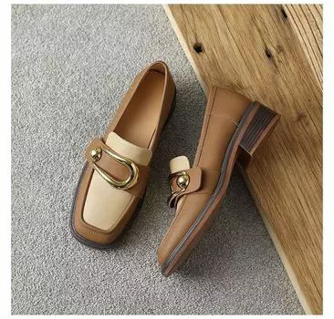 2024 Spring New Square Women Work Shoes Head Metal Buckle Single Women English Leather Shoes Thick Heel Loafers 35 чёрный
