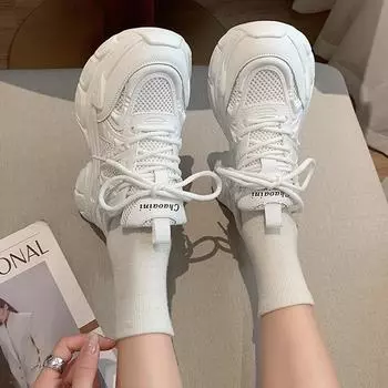 2024 spring new thick-soled dad shoes mesh breathable muffin bottom sports lace-up versatile casual shoes tide 35 белый