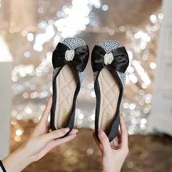 Весна 2024 года, новые универсальные туфли-ковши с неглубоким горлом и жемчужно-водным узором, с бантом на плоской подошве, большие женские туфли 34 абрикосовый