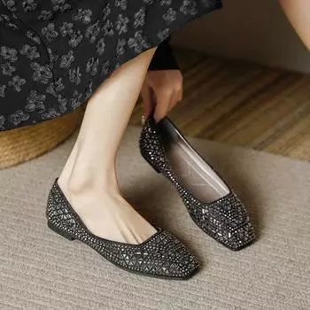 2024 spring new women s casual versatile soft sole retro square head rhinestone women s shoes shallow mouth flat bottom fashion shoes 34 чёрный