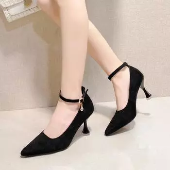2024 Spring New Women s High Heels Niche Pearl French Velvet Ankle Strap Single Shoes Eligible for Summer Wear 35 чёрный
