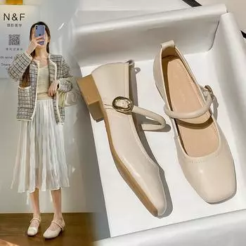 2024 Весенний стиль Туфли Мэри Джейн с квадратным носком и толстым каблуком на одной пуговице Босоножки с квадратным носком 35 абрикосовый