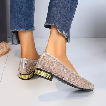 2024 Spring Summer Fashion New Casual Shallow Breathable High Heels Elegant Square Toe Thick Heel Mesh Women s Shoes 35 золотой