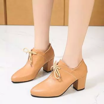 2024 Spring Summer Woman Fashion Pointed Toe Small Leather Pumps Ladies British Style High Heel Lace Up Plus Size Women Shoes 44 35 чёрный