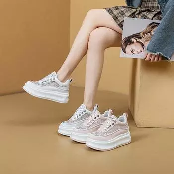 2024 Spring White Genuine Leather Wedge Heel Lace-Up Sneakers for Women 38 белый