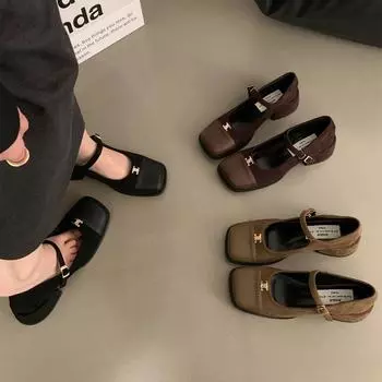 2024 Spring Women s Black Leather High Heel Loafers with Buckle Straps - British Style Square Toe 40 зелёный