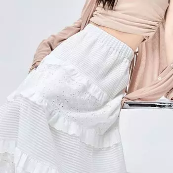 2024 Spring Women s High-Waist White A-Line Cake Skirt with Floral Lace Design Small