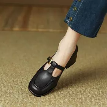 2024 Spring Women s Shoes British Style Square Toe T Strap Female Leather Shoes Zapatos Mujer Women Thick Heel Mary Jane Shoes 35
