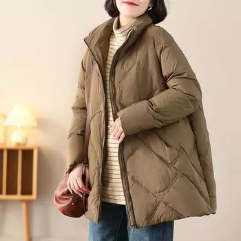 2024 средний и длинный пуховик женский зимний ретро литература и искусство средний и толстый воротник-стойка белый утиный пух свободный теплый M розы красного