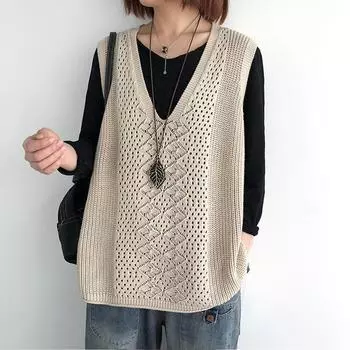 2024 Стильный женский свободный трикотажный жилет с V-образным вырезом - однотонный, легкий, ажурный дизайн One Size бежевый