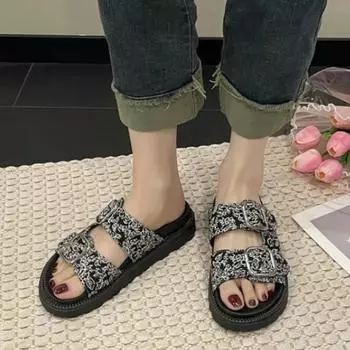 2024 Стразы Кристалл Пряжка Тапочки Женские Фирменный Дизайн Кристалл Двойные Шлепанцы Женские Платформы Слайды Сандалии Большой Размер 42 35 чёрный