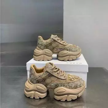 2024 Стразы Модные женские кроссовки Весна Осень Повседневная платформа Женская вулканизированная обувь 35 бежевый