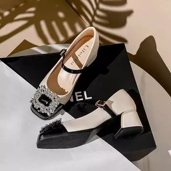 2024 Стразы Украшения 2024 Mary Jane Женские кожаные туфли Большие размеры 35-43 Весна Лето Квадратный Голова Классический Толстый Каблук Низкий Каблук 35 бежевый