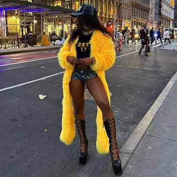 2024 Street Hipster Осень и Зима Искусственный Мех Длинная Пальто Куртка S жёлтый