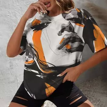 2024 Street Leisure Удобная футболка с круглым вырезом и короткими рукавами, модная минималистичная ручная печать портрета, летняя повседневная женская футболка S