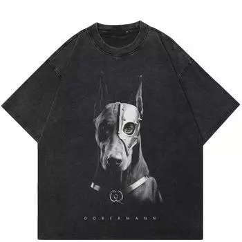 2024 Streetwear Dobermann Graphic Unisex Футболка Хлопковая стираная черная футболка Унисекс Топы Футболки Летняя футболка с короткими рукавами S чёрный