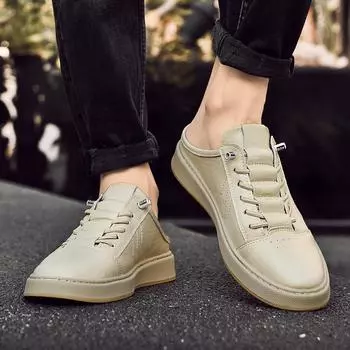 2024 Stylish Mens Slip on Shoes Genuine Leather Outdoor Men s Muller Shoes Handmade Men Summer Half Drag High Quality Male Shoes 37 хаки