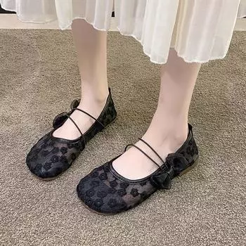2024 summer and autumn new flat-bottomed beanie shoes fairy style bow lace single shoes female comfortable soft breathable mesh 35 чёрный