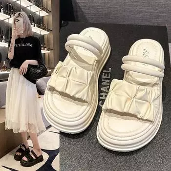 2024 Летние пляжные сандалии женские роскошные средние сабо с каблуком женские туфли Two Weare All-Match Retro Medium Comfort New Outside Thick 35 бежевый