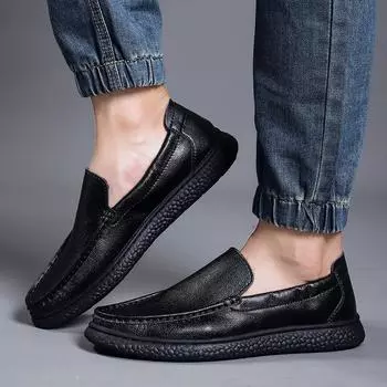 2024 summer breathable soft-soled driving Doudou shoes men s versatile casual leather shoes foreign trade genuine leather one-pedal lazy shoes 38 чёрный