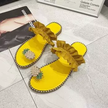 2024 Summer Casual Plus-size Slippers Pineapple Buckle Decorative Flower Fruit Sandals Cowhide Flat Slippers 35 чёрный