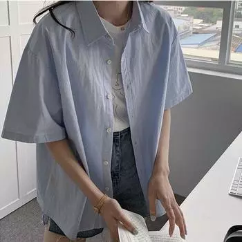 2024 Summer Chic Minimalist Casual Short Sleeve Shirt Blue M