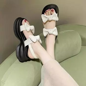 2024 Летние удобные туфли на толстой подошве для женщин, босоножки с жемчугом, женский бежевый, увеличивающий высоту, блочные каблуки, универсальные, черный бант 35 бежевый