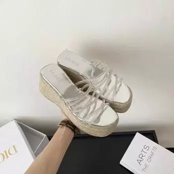 2024 Summer Chunky Women Slipper Fashion Elegant Platform Wedges Heel Slides Ladies Gladiator Weave Sole Sandalias Roman Shoes 35 серебряный