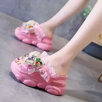 2024 Summer Colourful Rhinestone Bowknot Platform Wedges Pantuflas Mujer Open Toe Cross Women s Outdoor Sandals Beach Shoes 34 белый