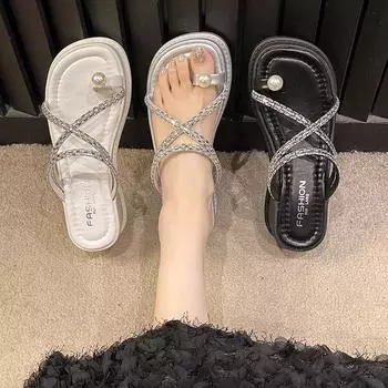 2024 Summer Crystal Women Slippes Fashion Elegant Narrow Band Slides Shoes Ladies Outdoor Dress Thick Heel Sandalias 35 бежевый
