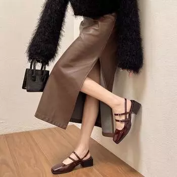 2024 Summer Design Women Sandal Fashion Narrow Band Dress Square Heel Shoes Ladies Outdoor Patent Leather Mary Jane Shoes Pumps 35 бежевый