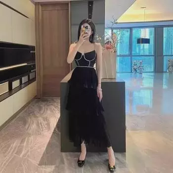 2024 Summer Dopamine Wear: Long Temperament Dress with Chain Bead Straps in Gentle Goddess Style Medium розовый